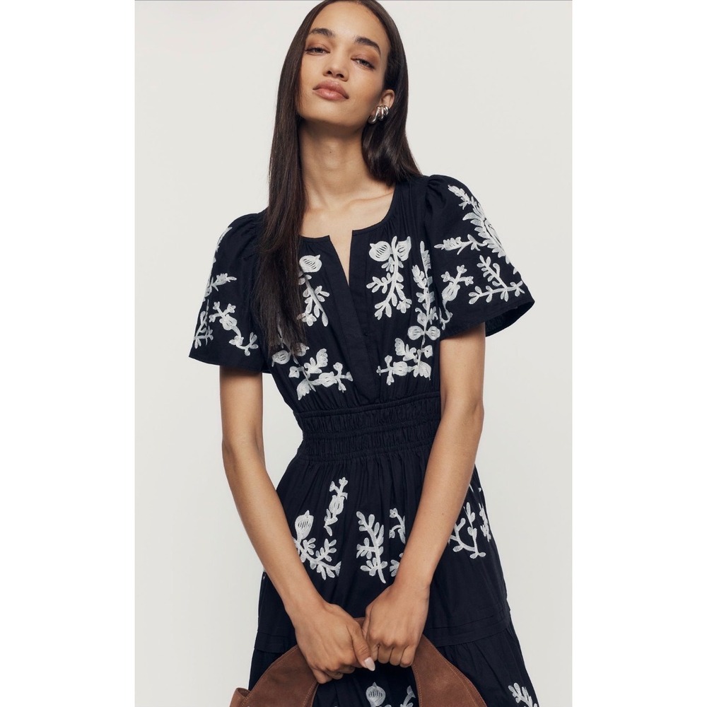 Anthropologie Embroidered Maxi Dress Women MP Navy Blue Good Boho Tiered Smocked